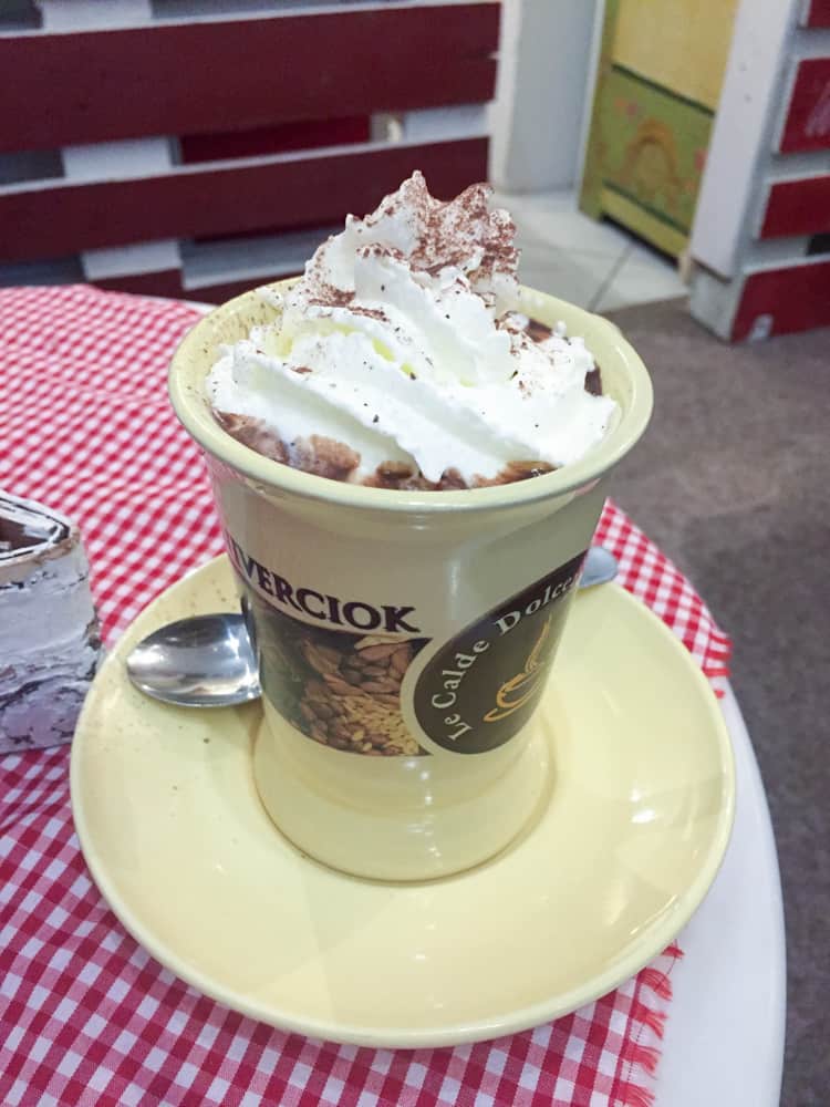 Homemade hot chocolate with whipped cream from a cafe in Bad Wimpfen, Germany.