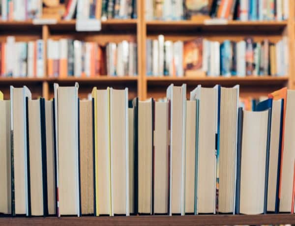 A row of brightly colored books in a library or bookstore.